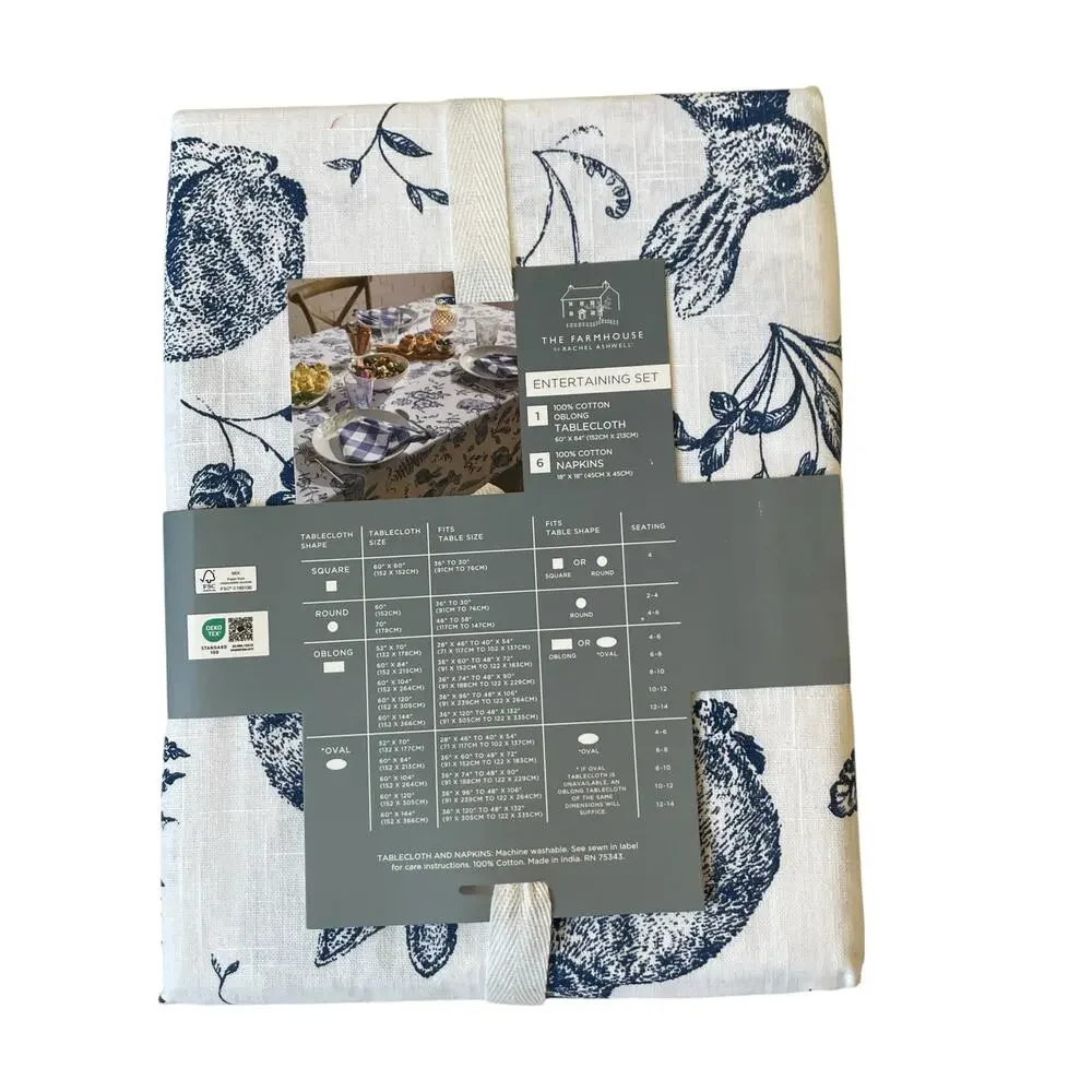 7pc Farmhouse Easter Bunny Tablecloth 60x84 Gingham Napkin Set Blue White NEW